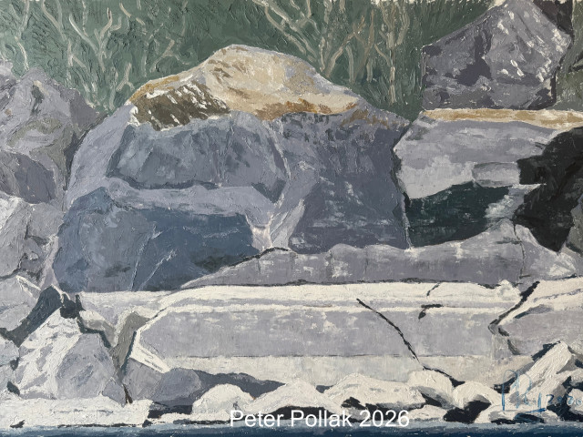 Rocas de orilla marcando niveles del lago 2026