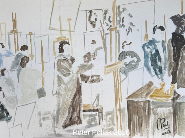 Mi taller de pintura en escuela de arte, Londres bosquejo a colo